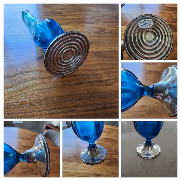 Vtg Empire Aqua/Blue Glass 18" Swung vase with Sterling Weighted base Rare - Picture 11 of 12